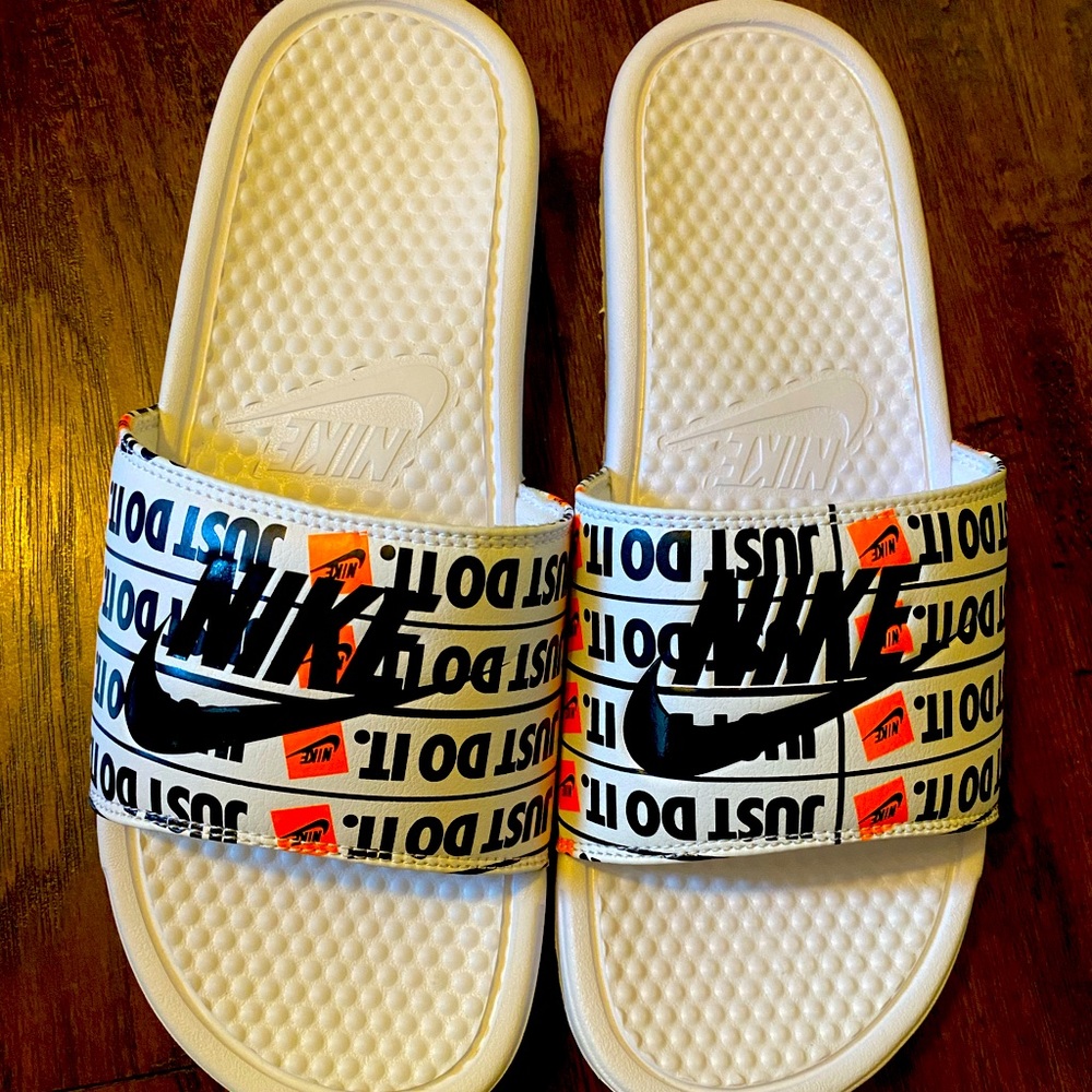 Nike White and Black Slide Sandals